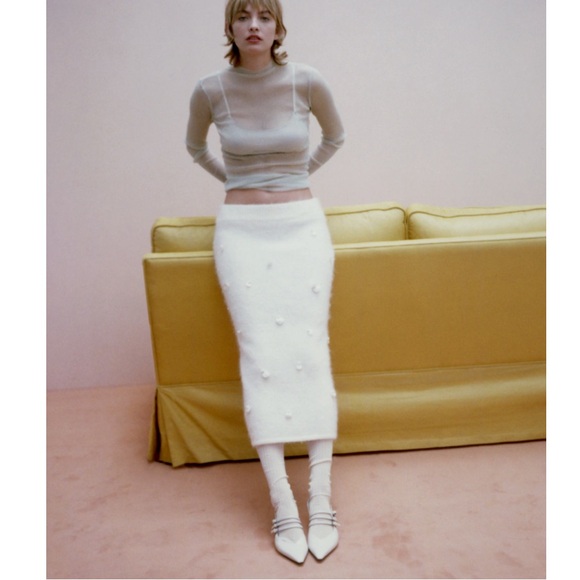 Zara Sequin embroidered Alpaca Blend Knit Pencil Midi Skirt Ecru white S NWT - Picture 4 of 14